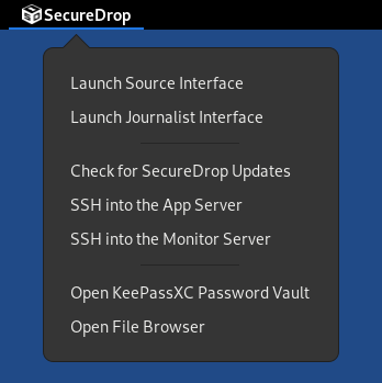 The SecureDrop Menu, showing all available options.