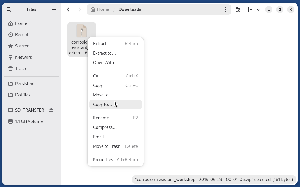 Files application displaying the menu that opens after a right-click on a file. The 'Copy to...' entry is selected.