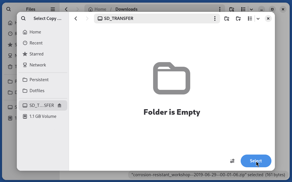 Dialog box that opens after selecting 'Copy to', the Transfer Device is selected in the list of places on the left.