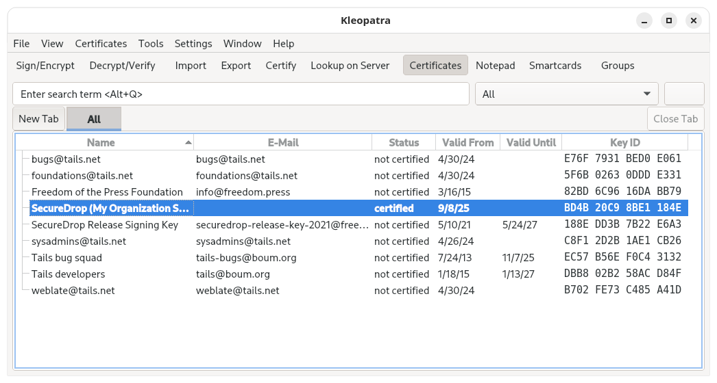 select securedrop key