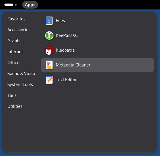 Tails menu showing locaing of Metadata Cleaner application.