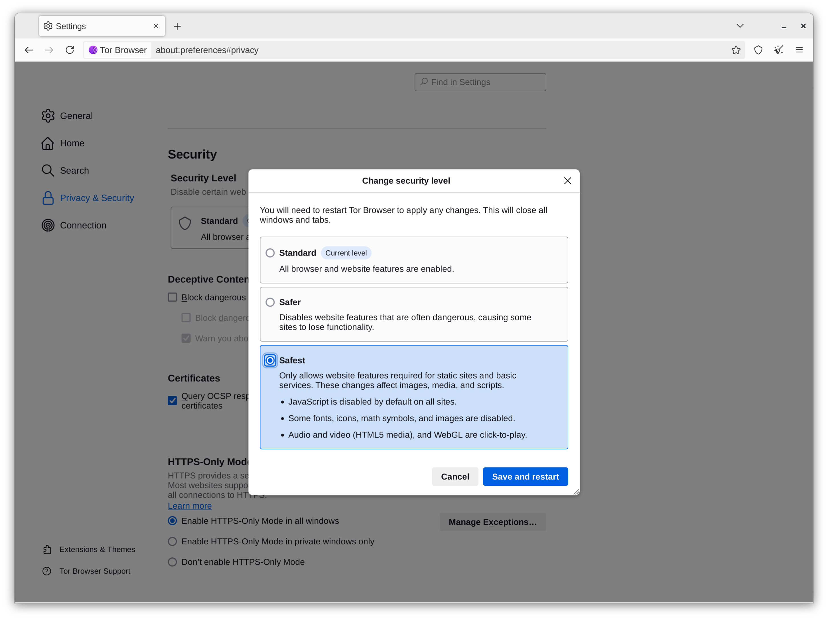 Advanced Security Settings in Tor Browser.