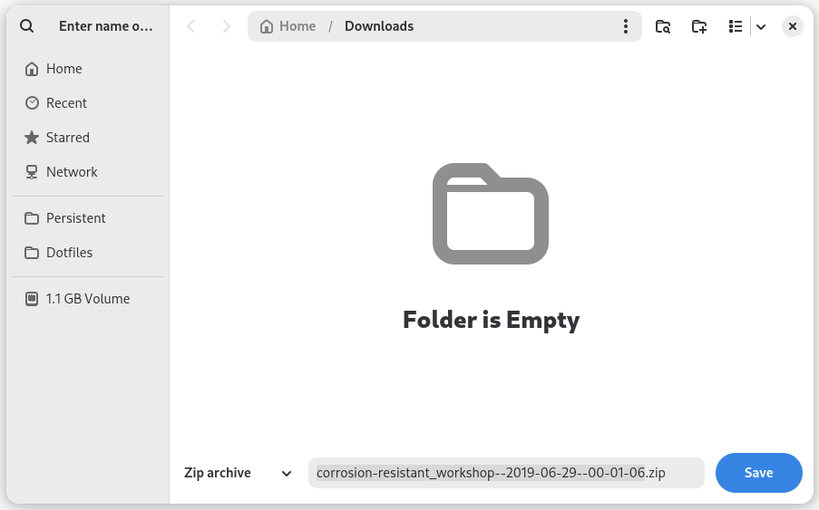 Files application displaying the name of the file to be saved and a 'Save' button. A shortcut for 'Persistent' is visible in the list of places on the left.