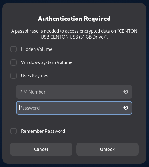 The 'Authentication Required' menu that appears when you plug in a Veracrypt drive. The 'password' box is selected.