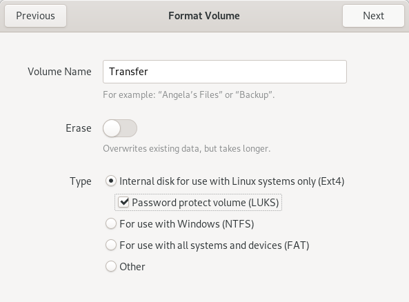 screenshot of partition format options