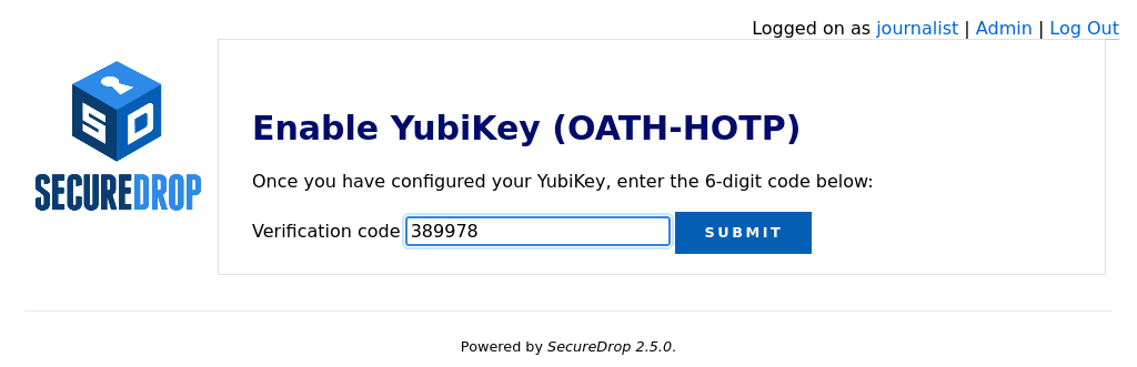 The form used to verify the setup of the Yubikey requests a 6-digit verification code.