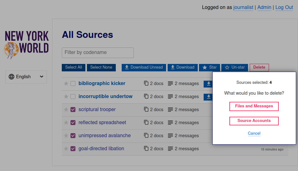 Example source page after sources were selected and the 'Delete' button clicked. Two buttons are visible: 'Files and Messages' and 'Source Accounts'.