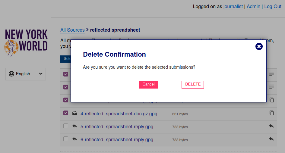 Example source page displaying a dialog box that asks for confirmation before deleting the selected submissions.