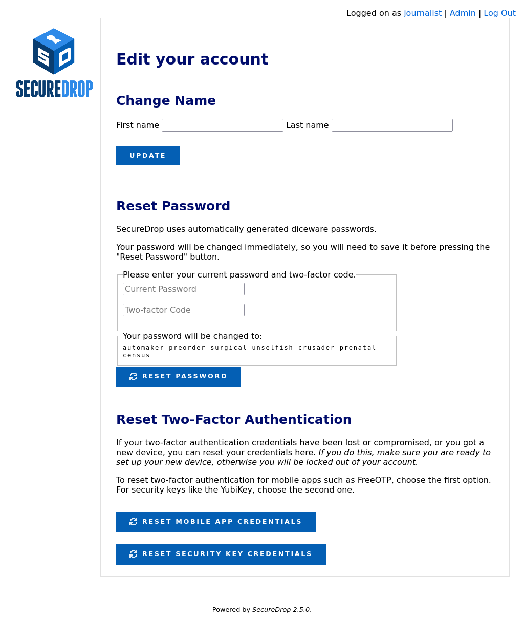Example user profile page of a journalist. It displays forms to reset their passphrase and two-factor authentication.