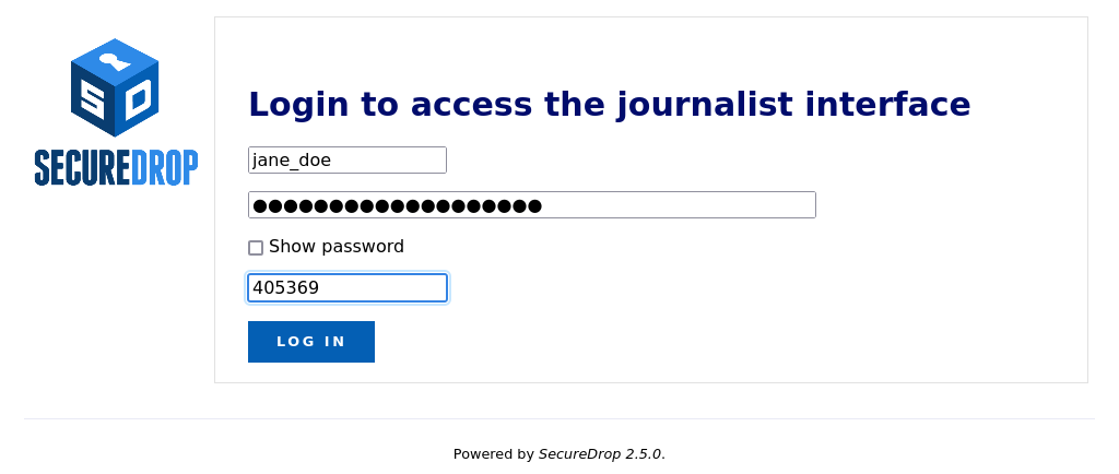 Login page to access the journalist interface. It requires a username, passphrase and two-factor authentication token.