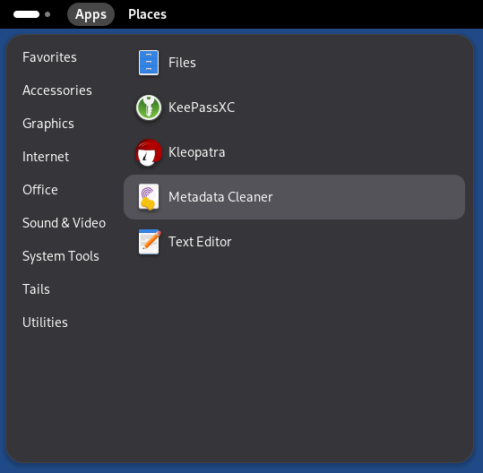 Tails menu showing locaing of Metadata Cleaner application.