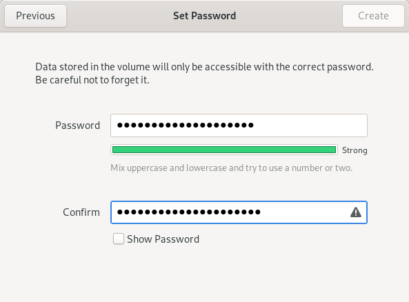 screenshot of passphrase selection prompt in the Disk Utility application