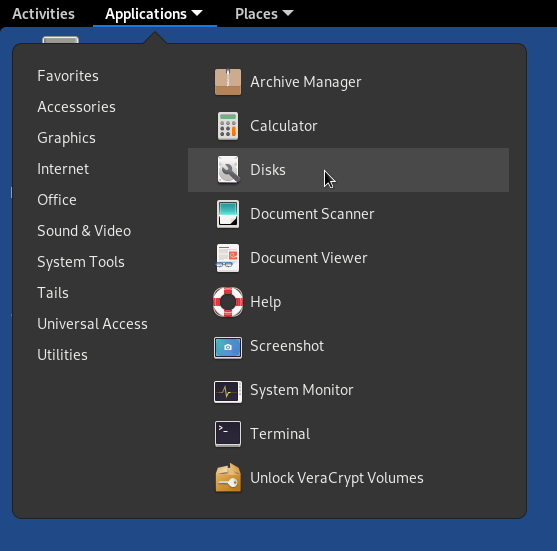 screenshot of the Applications menu in Tails, highlighting Disk Utility