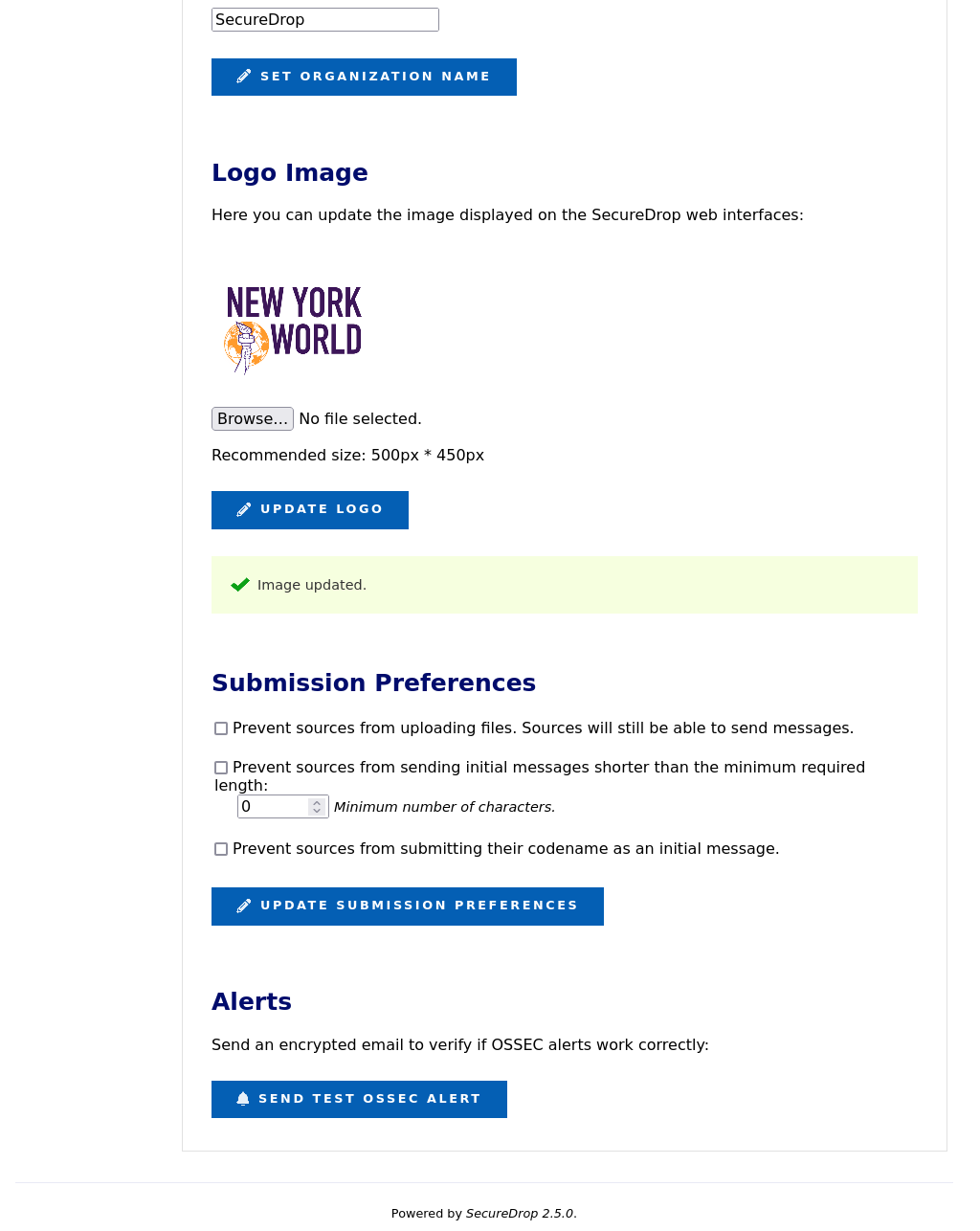 The Instance Configuration form displays 'Image updated' after the logo was updated successfully.