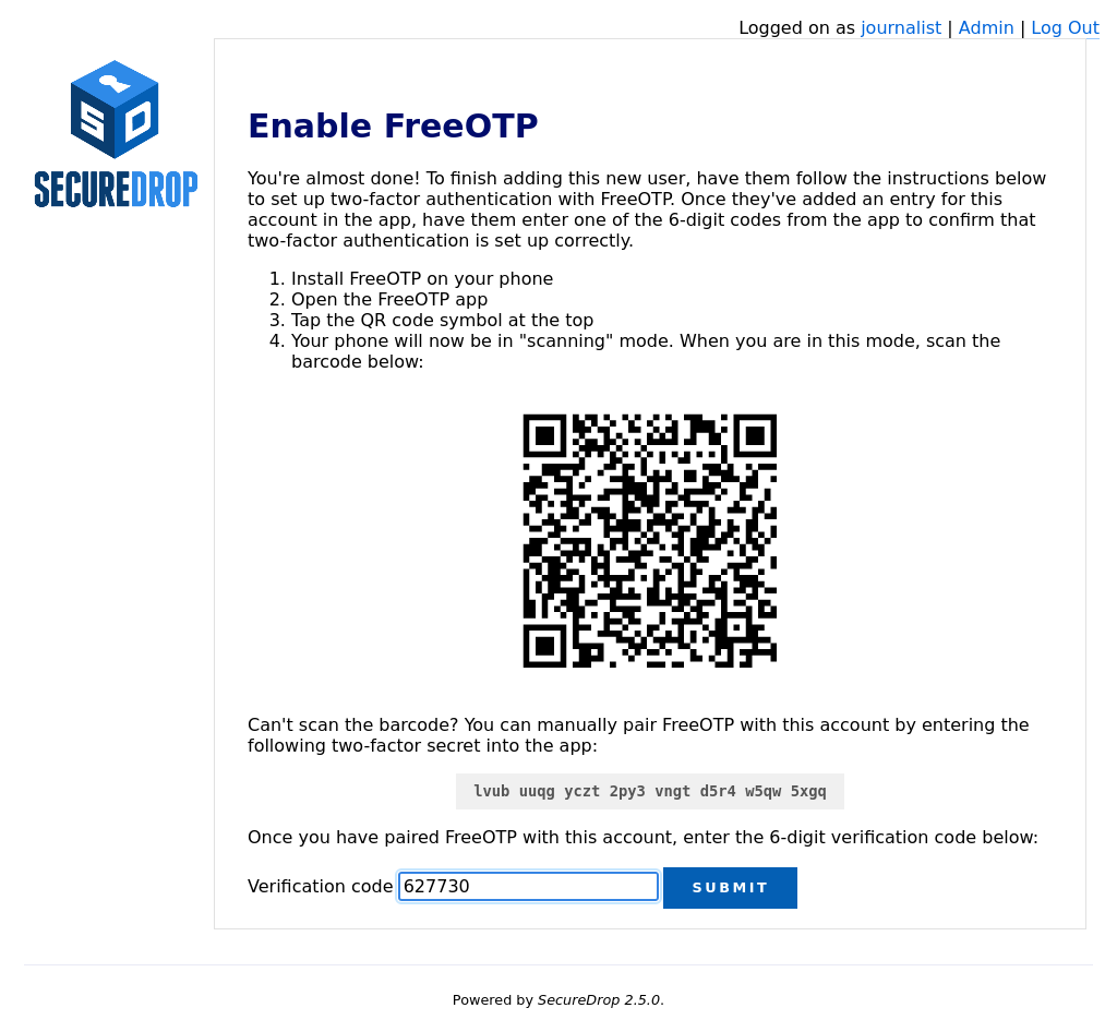 The form used to enable FreeOTP displays a barcode and a two-factor secret.