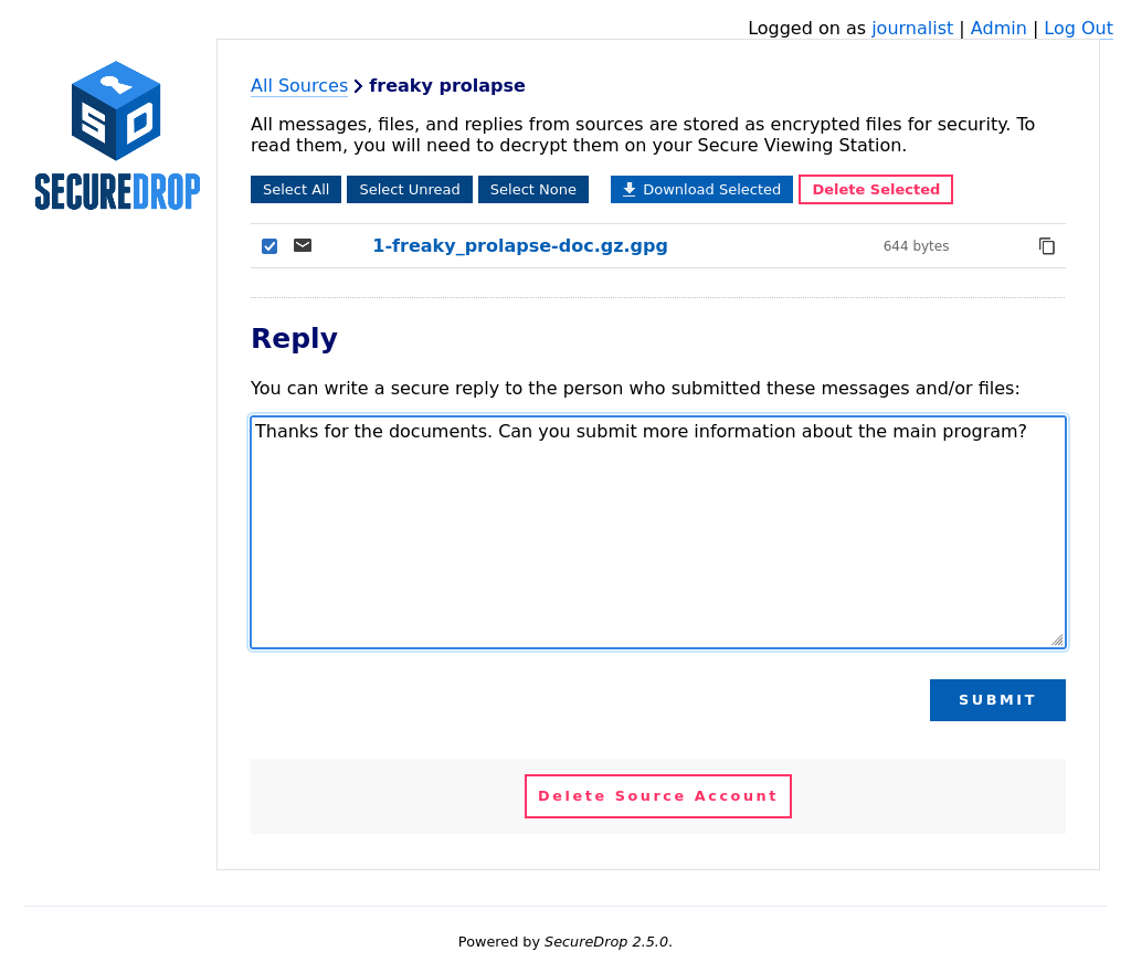Example source page displaying a form with a 'Submit' button for the journalist to write a reply.
