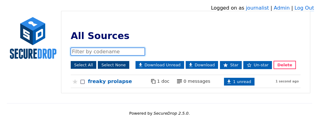 Example home page displaying a list of sources who sent documents or messages.