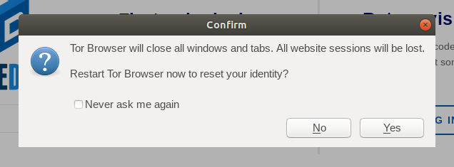 Dialog box asking for confirmation before Tor Browser is restarted.