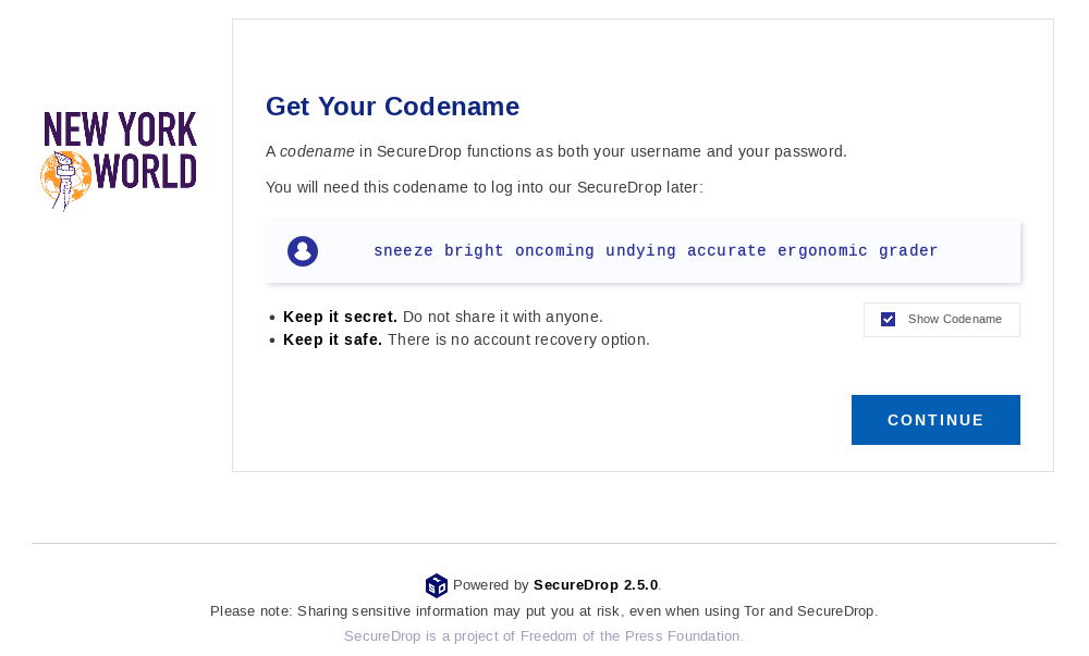 Example welcome page displaying a codename.