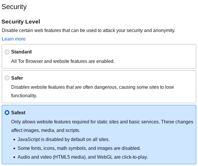 Advanced Security Settings in Tor Browser.