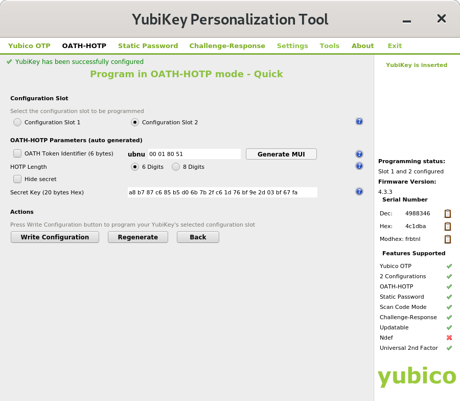 YubiKey Config Successful
